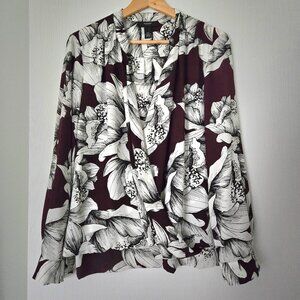 Faux wrap draped surplus long sleeve floral blouse